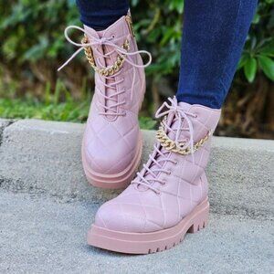 Womens Chunky Block Heel Ankle Combat Boots Pink Color